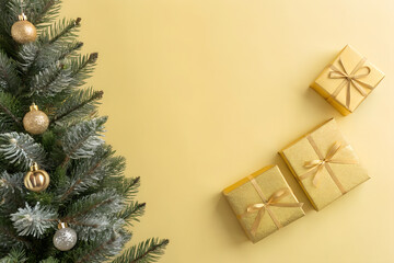 Festive Christmas Decor with Gold Gifts on Pastel Yellow Background