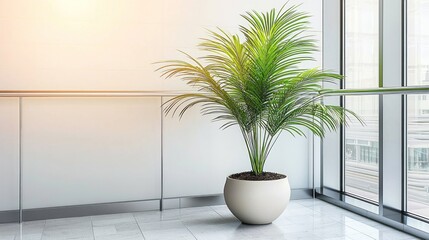 Fototapeta premium Modern office interior with a vibrant plant. A sleek, minimalist office space featuring a single, healthy plant in a round pot, brightening the corner. Sunlight streams through the large windows, 