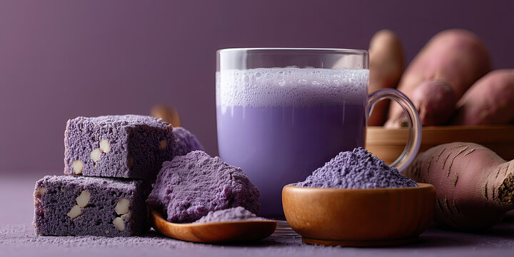 transparent cup with frothy ube latte, surrounded by ube treats and powder on purple background