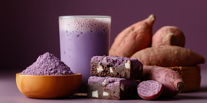frothy ube latte with brownies and fresh purple sweet potatoes on purple background
