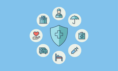 Modern vector health insurance and medical care concept, set of wooden blocks displaying health-related icons, medical care, health insurance,  easily editable.