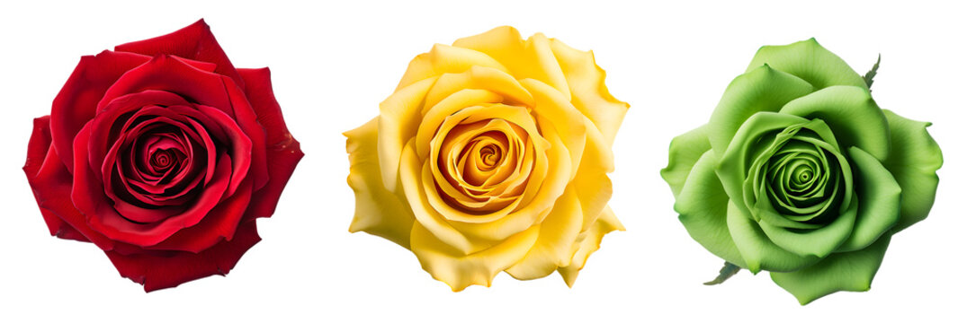 Colorful rose flowers isolated on white and transparent background, cut out PNG
