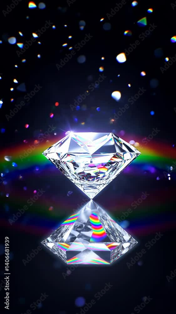 Poster A diamond is on a table. The diamond is in the center of the image. The diamond is surrounded by a rainbow