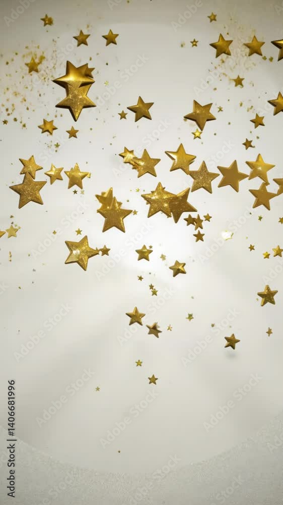 Poster a bunch of gold stars are scattered on a white background. the stars are of different sizes and are 