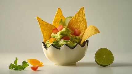 A bowl of fresh guacamole with tortilla chips and lime