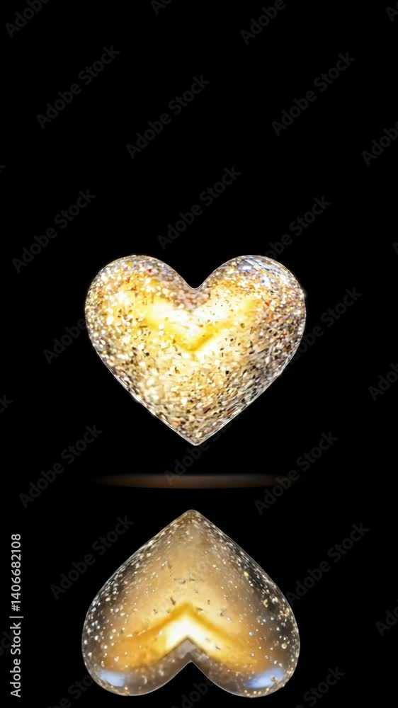 Poster a gold heart with a lot of glitter on it. it is on a black background. the heart is very shiny and h
