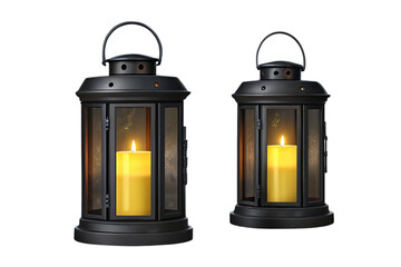 Two black lanterns with yellow candles inside casting a warm glow on a black background scene