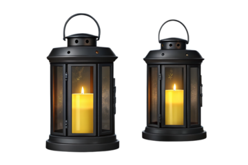 Two black lanterns with yellow candles inside casting a warm glow on a black background scene