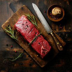 photo of fresh beef tenderloin lying on wooden cutting board and vintage carving knife nearby
