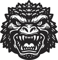 Fierce gorilla face, detailed tribal tattoo style, angry expression, sharp teeth, flared nostrils, intense eyes, black and white illustration, symmetrical design, bold lines, contrast, menacing, prima