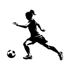 Female soccer player vector silhouette. Running with ball. Side view