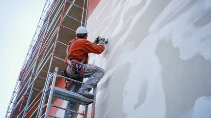 Painter spray painting a large exterior wall of a commercial building. Featuring painting work