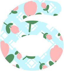 pink flowers and blue background number 6.