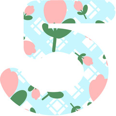 pink flowers and blue background number 5.
