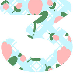 pink flowers and blue background number 3.
