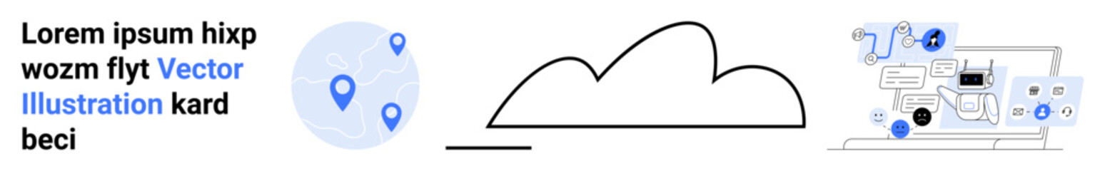 Cloud symbol connects global navigation map pins to data analytics dashboard with icons. Ideal for technology, navigation, cloud computing, data solutions, connectivity, global reach, simple landing
