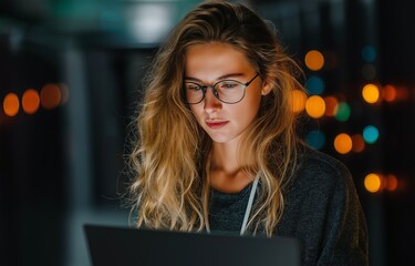 A woman in the data server center using a laptop
