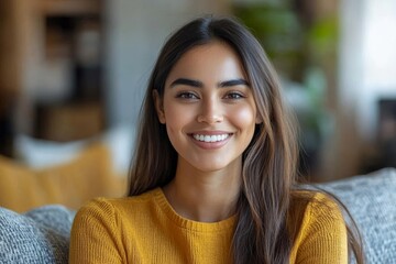 Head shot portrait smiling Indian woman sitting on couch at home, looking at camera, young female making video call to relatives or friends, chatting online, blogger shooting vlog for social