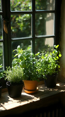 Fototapeta premium Herbs in Pots on a Window Sill