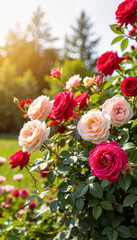 Vibrant blooming rose bush in sunlit garden, nature's beauty