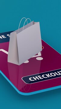 stylized smartphone with an online shopping app, shopping bag popping out from the screen (3d render)