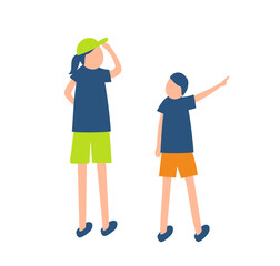 あっちを指差す男の子とその方向を見る女性のイラスト