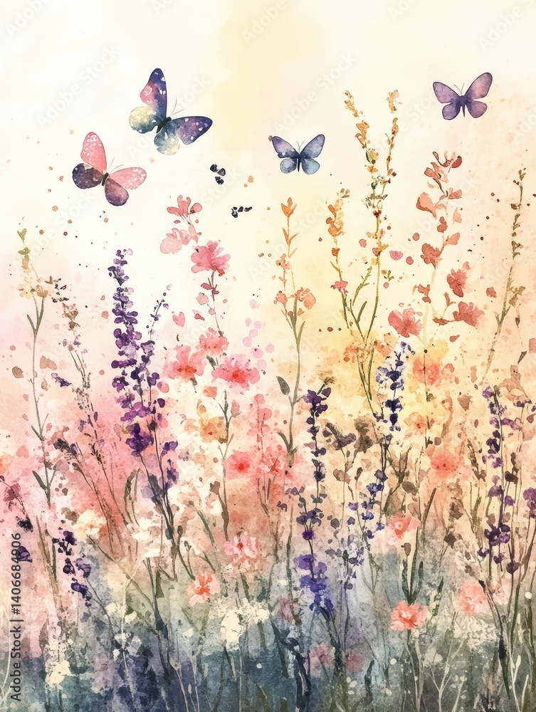Poster floral meadow with delicate butterflies in soft tones capturing the essence of springtime tranquilit