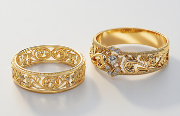 Elegant Pair of Gold Filigree Wedding Rings with Diamonds