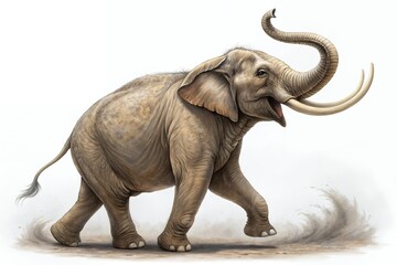 A majestic Asian elephant in full stride, its trunk raised high, showcasing its raw power and grace against a muted, dust-filled background.