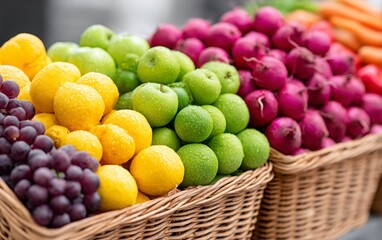 Fresh Seasonal Fruits and Colorful Vegetables in Market Baskets