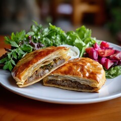 Delicious Savory Pastry with Meat Filling and Fresh Salad Garnish