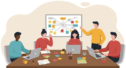 Flat Illustration Vector Team Brainstorming Session at Meeting Table with Whiteboard