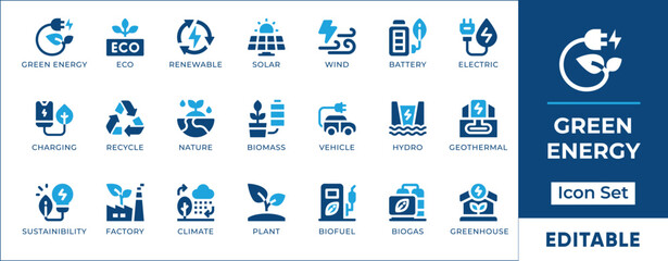 Sustainable Energy Icon Set. Includes vector icons of renewable, solar, nuclear, save, panel, power, fuel, energy, reduce, illustration, set, collection, production, wind, and electricity