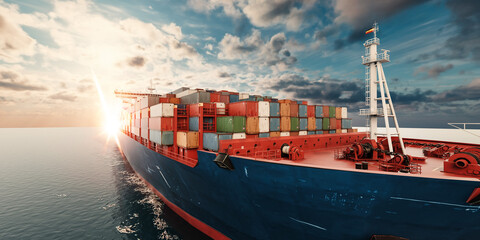 Container cargo ship sailing at sea during sunset, side view.. © phaisarnwong2517