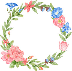 Round Floral Border. Watercolor Circle shaped decorative Flowers. Suited for wedding invitations, save the date or greeting cards design.