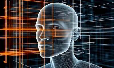 Human head silhouette with digital data overlay showing facial recognition technology and cybersecurity concepts in futuristic style - Powered by Adobe