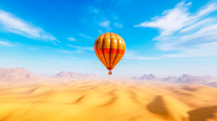 Hot air balloon floating over desert landscape