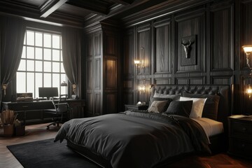 Dark, opulent bedroom with study area.  Rich, dark wooden paneling and furnishings create a dramatic, luxurious space.  Large window lets in soft light