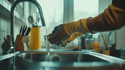 Plumber connecting water pipes in a newly built kitchen. Featuring plumbing installation and home renovation