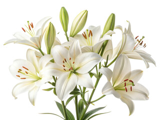 Obraz premium Beautiful white lilies bloom gracefully, showcasing their delicate petals and vibrant green buds, creating serene floral arrangement