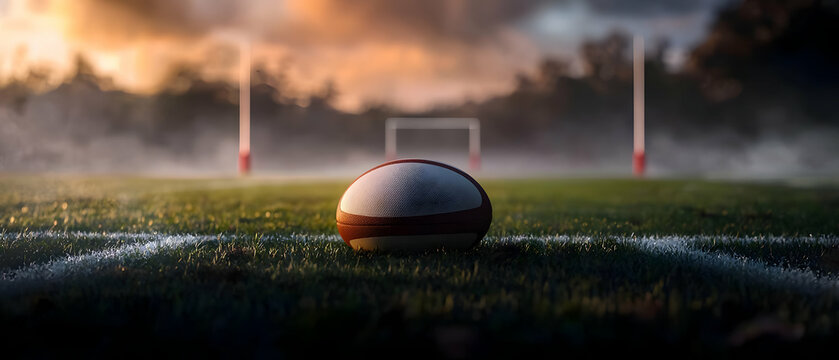 Rugby Ball on Foggy Field at Sunset