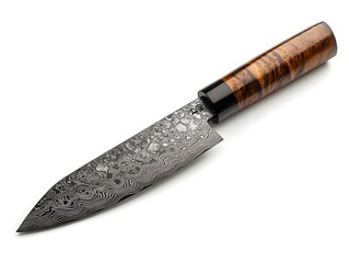 A meticulously crafted damascus steel chef knife with a stunning wood handle rests on a pristine white background showcasing its intricate details. © CHAIYAPHON