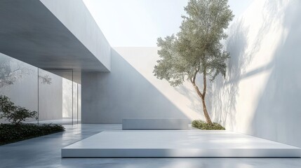 Minimalist White Interior Design with Tree and Sunlight