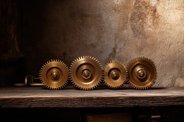Four bronze gears interlock on a rustic wooden surface against a textured background, representing industrial mechanics.