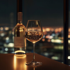 Glass of alcohol, brioche color, bottle in background, Photography, overview, view of the entire building,  