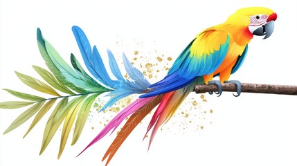 Obraz premium A vibrant clipart of a tropical parrot perched on a branch, featuring bold feathers and a lively design with tropical colors, perfect for jungle-themed projects.