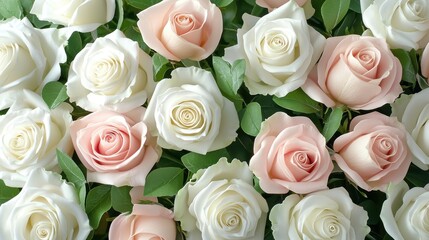 Obraz premium A peaceful arrangement of white and pink roses with soft greenery, symbolizing sympathy, remembrance, and love at a funeral ceremony.