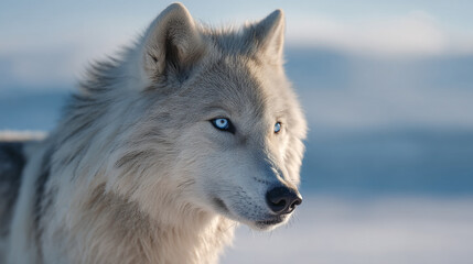 Obraz premium Arctic wolf portrait close up with piercing blue eyes in winter snow landscape wildlife photography