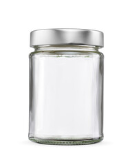 Clear empty glass jar with twist-off silver metal lid isolated. Transparent PNG image.