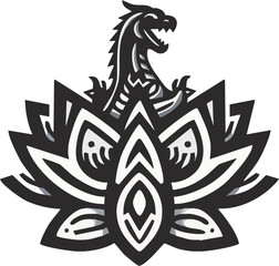 Dark dragon silhouette, lotus flower mandala, tribal art, black and white, symmetrical design, intricate patterns, mythical creature, Eastern symbolism, fierce dragon head, stylized scales, sharp teet